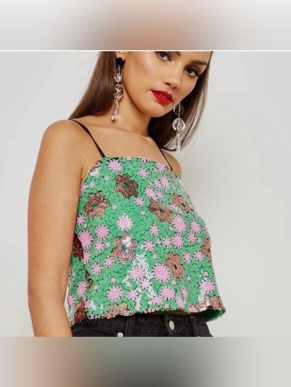 Topshop NWOT Cropped Flower Sequin Crop Top Pink/Green/Gold Size 4